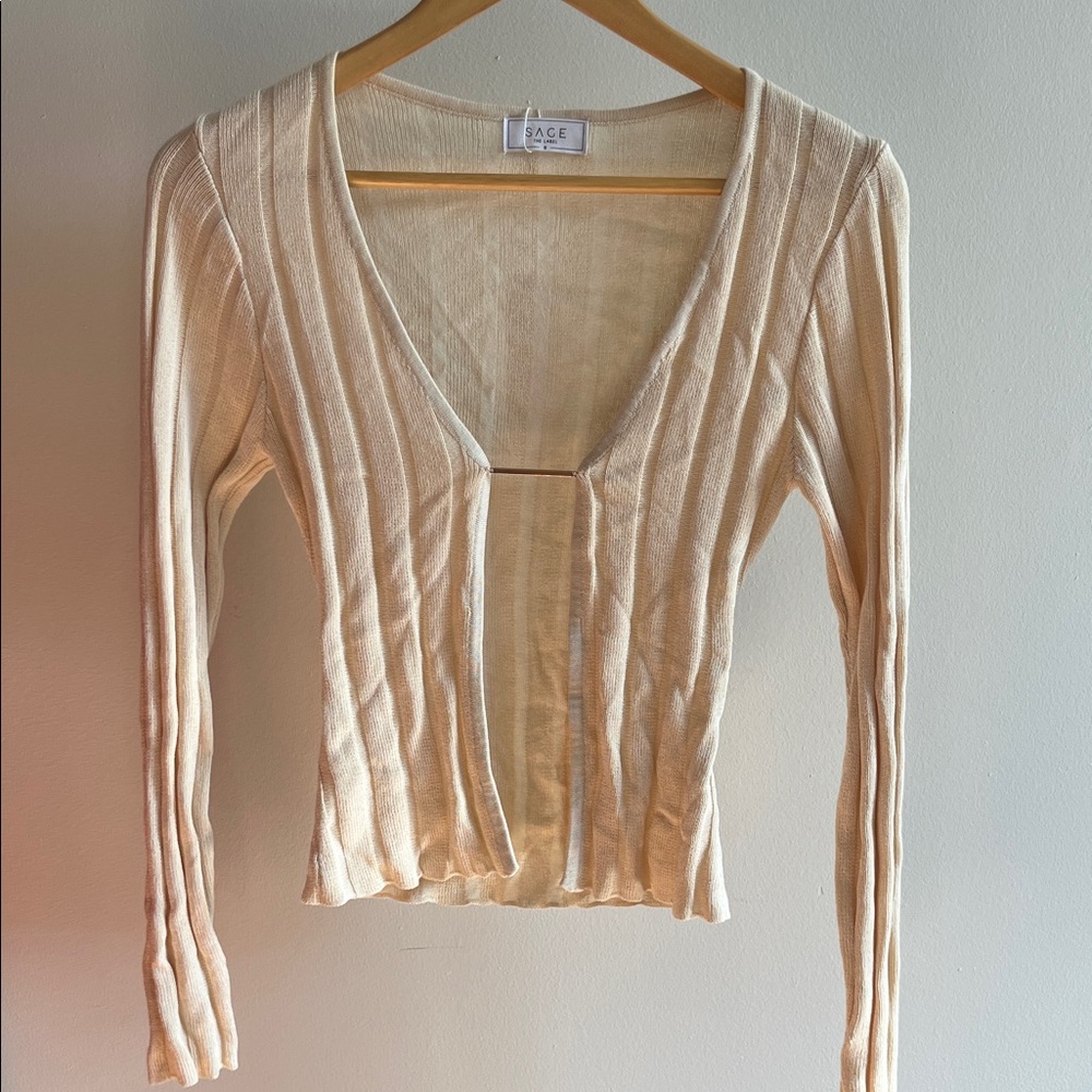 Sage Beige Ribbed V-Neck Blouse